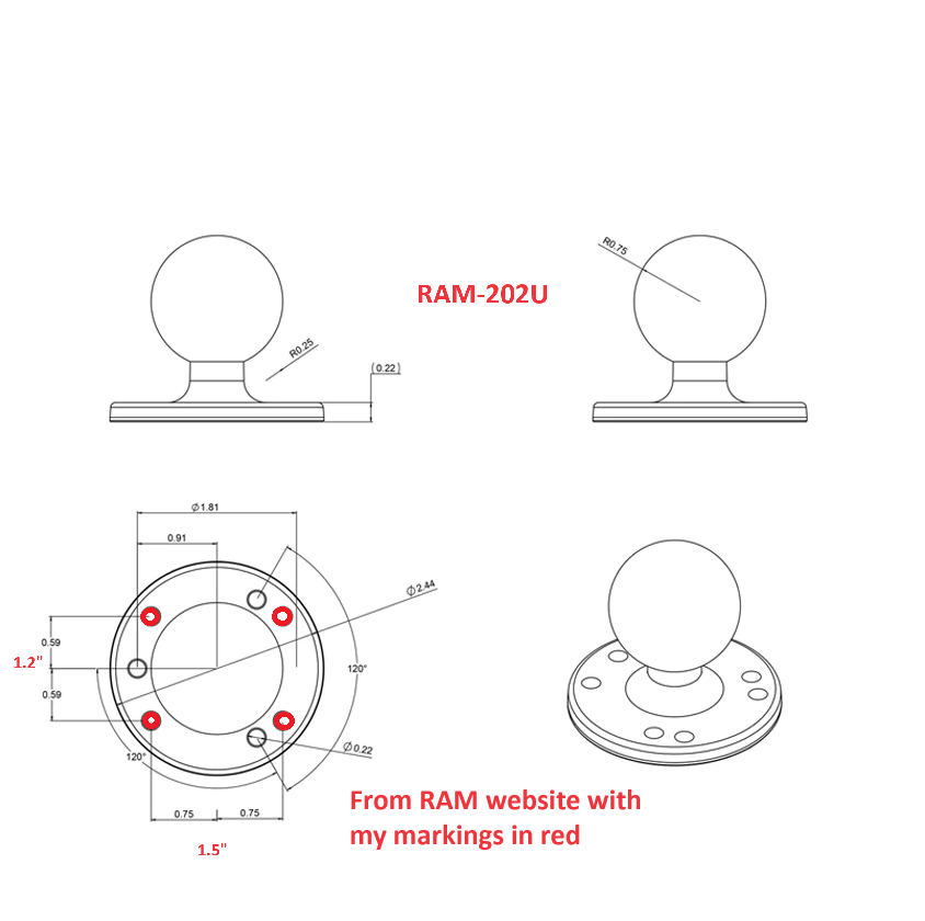 Pole Mount Kit for Wooster Pole and 4-hole AMPS pattern RAM mount, C or D size ball