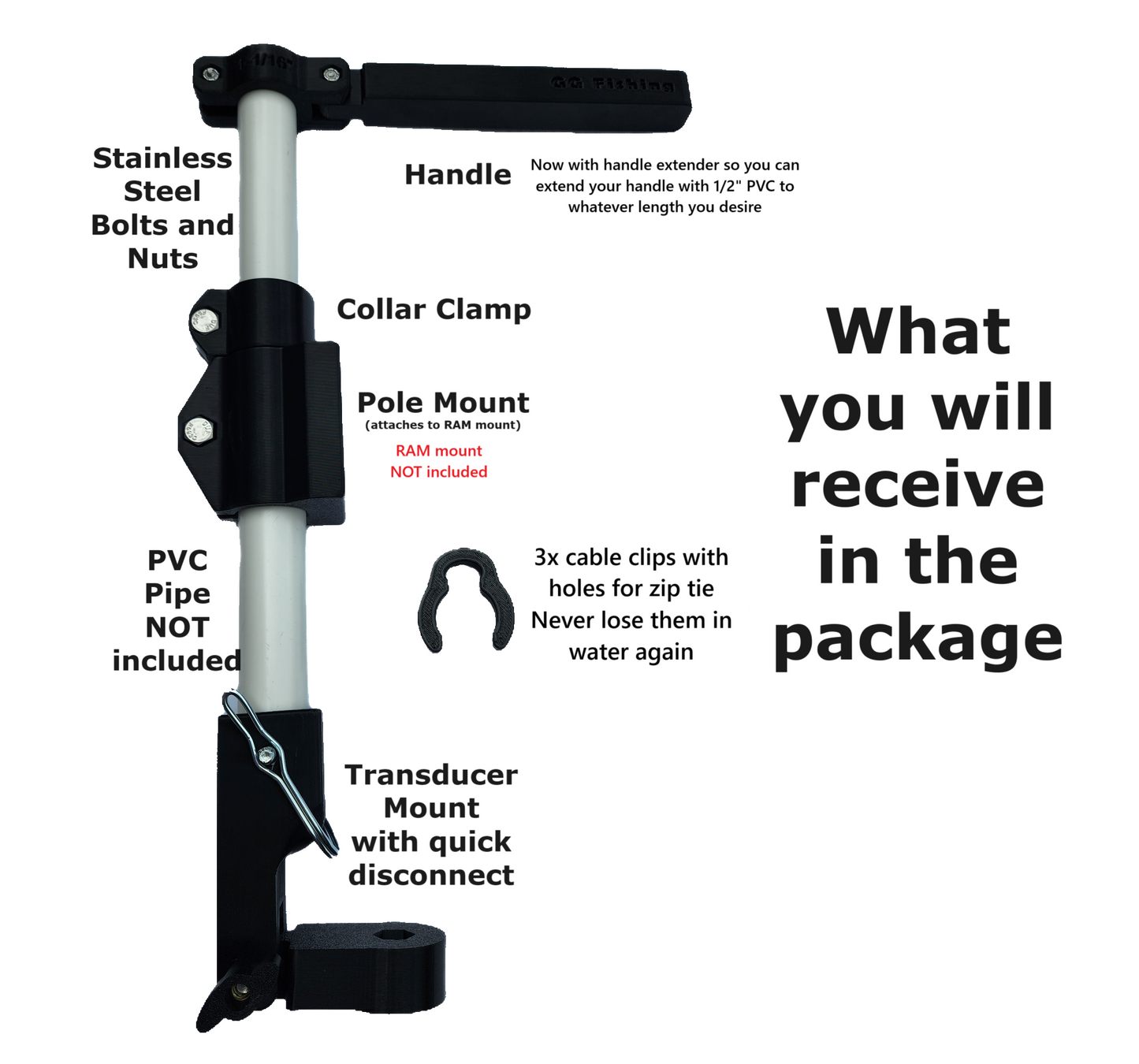 Pole Mount Kit for 3/4" PVC and 4-hole AMPS pattern RAM mount, C or D size ball